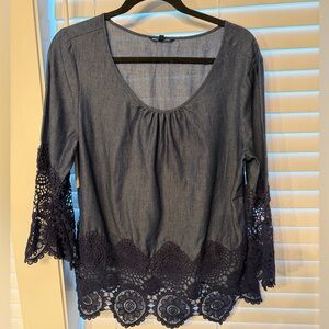 Lightweight blue denim   Crochet/Macrame Hem and sleeves w Scoop Neck Top